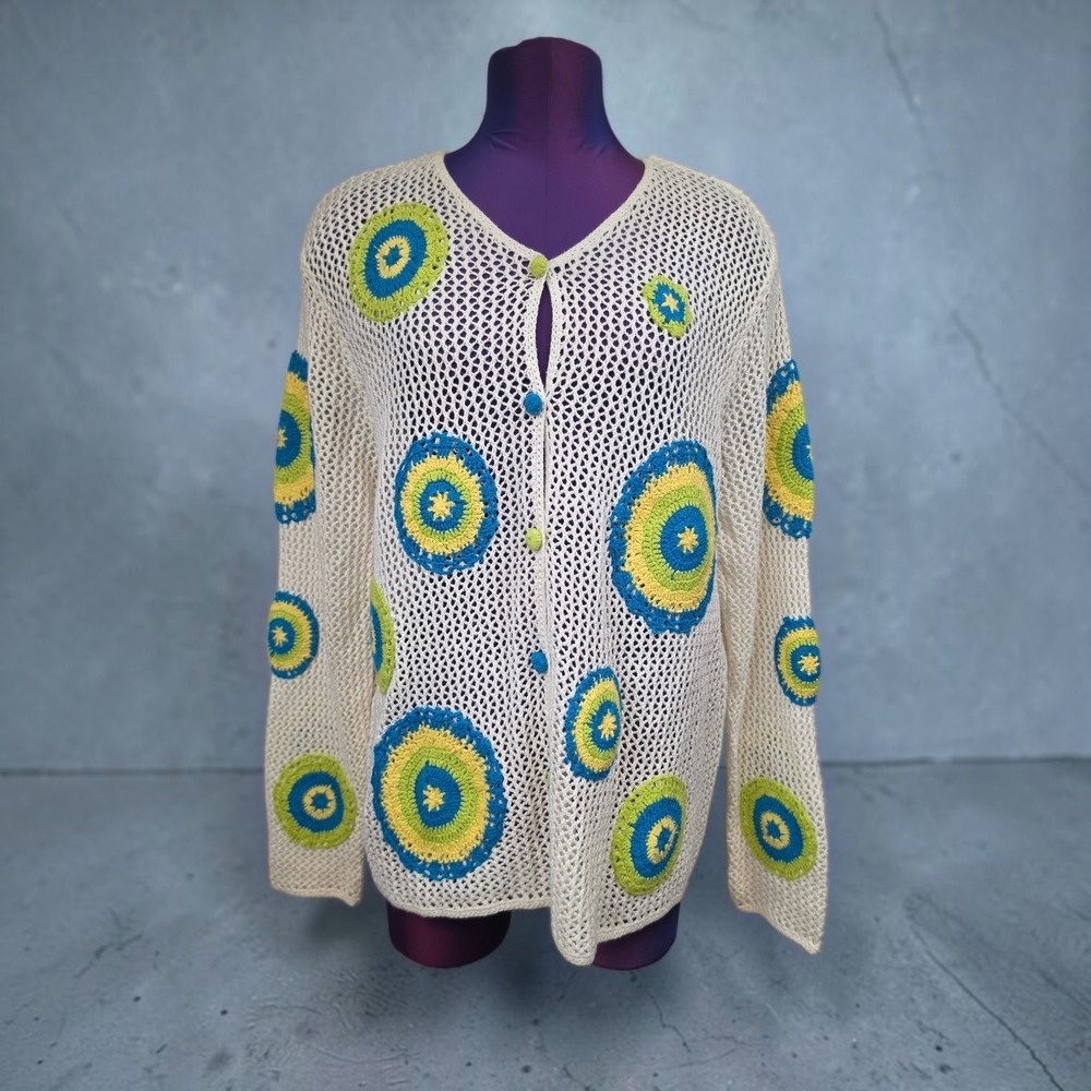 Breckenridge Woman Crochet Sunburst Open Knit Cardigan Cream Blue Yellow 1X